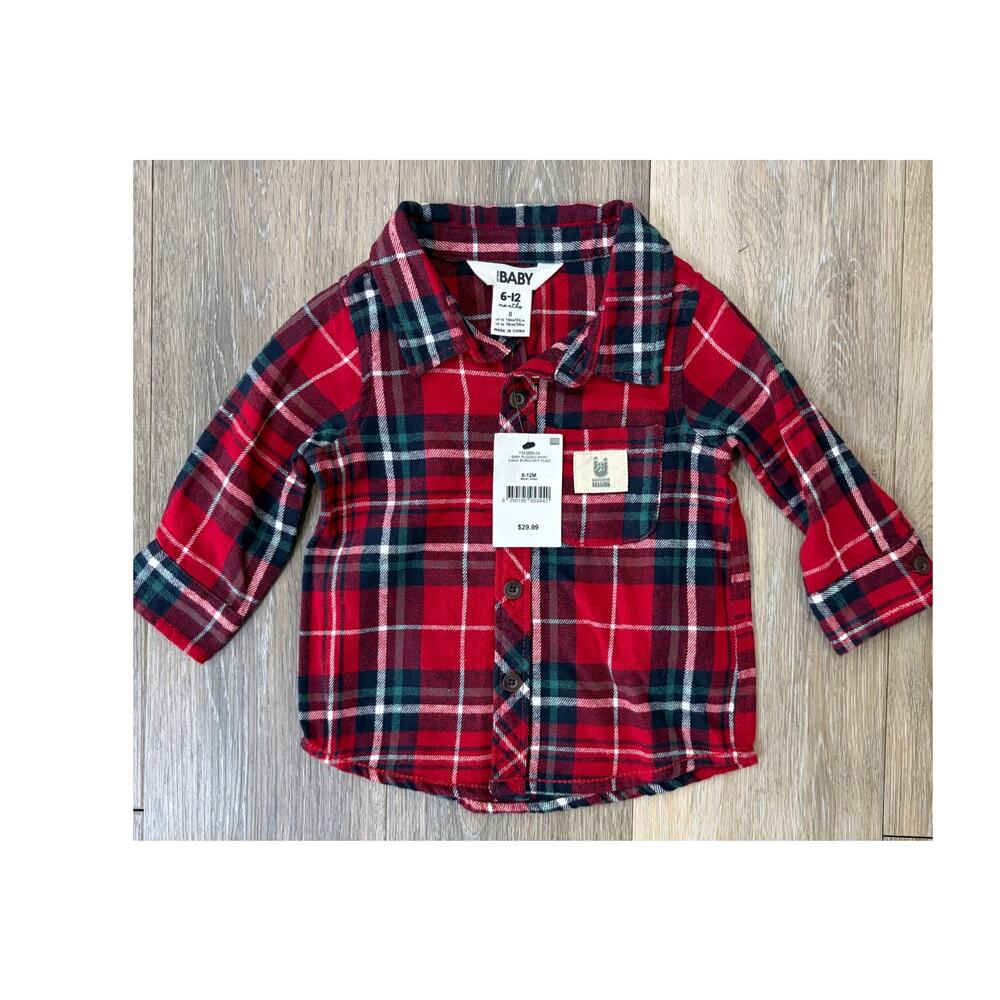 Cotton On Baby Plaid Button Up Shirt NWT 6-12M Red Burgundy Flannel